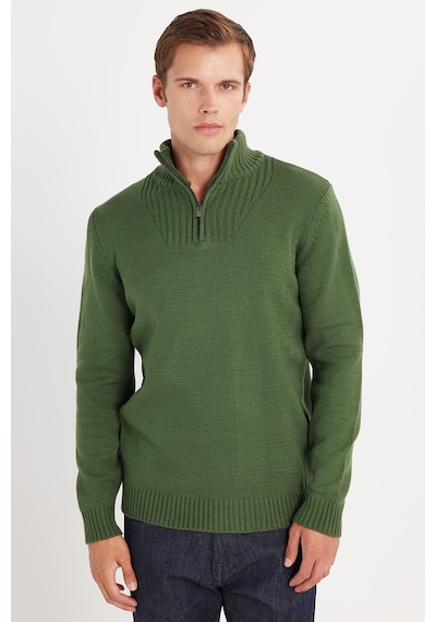 Tudors Erkek Slim Fit Dar Kesim Armürlü Fermuarlı Yeşil Dik Yaka Kazak-34920 Yeşil