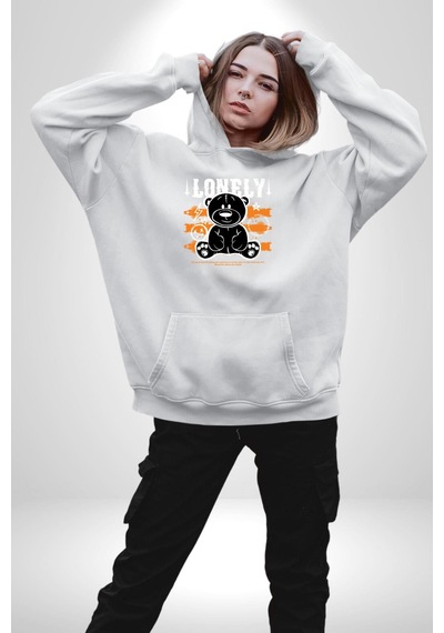 Yalnız Kadın Erkek Beyaz Kapüşonlu Sweatshirt Hoodie Beyaz