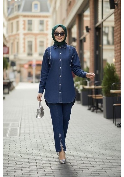 Hb Harma Time Butik Kadın Kot Ceket Pantolon İkili Kot Lacivert Takım