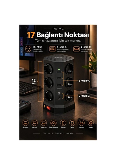 12 Li Priz Çoklu Akım Korumalı Uzatma Kulesi 3 Usb-a 2 Usb-c Pd20w 3680w 2 Metre 0 - 2 M