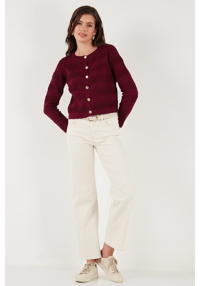 Lela Premium Regular Fit Bisiklet Yaka Düğmeli Dokulu Triko Bayan Hırka 680Hi00337 Bordo