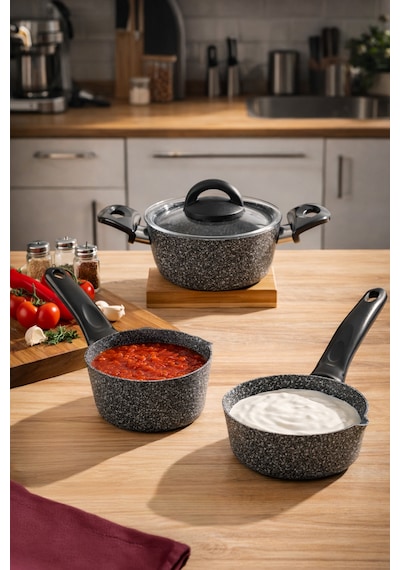 Porsima 4399 4 Parça Kaçerola Sosluk Sütlük Mini Granit Tencere Sahan Seti Gri 14cm Gri