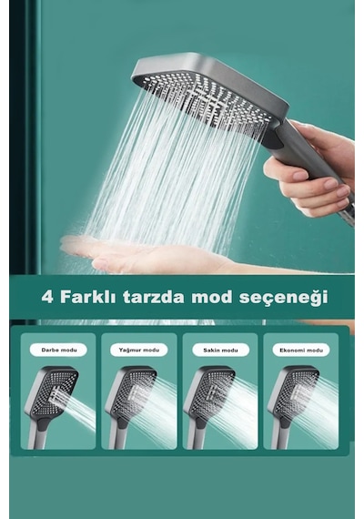 Oecanwhisper 4 Fonksiyonlu Su Tasarruflu Sağlam Yapılı Kaliteli Mat Gümüş Gri Kare Banyo Duş Başlığı Krom