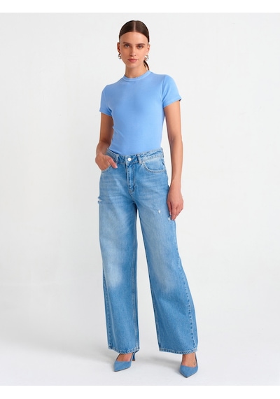 Dilvin Saat Cebi Kesik Straight Denim Pantolon Mavi