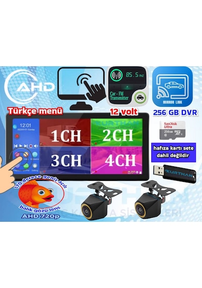 2 Adet Balık Gözü 720p Ahd 170'' Kamera Dokunmatik 10.36'' Video Müzik Dvr Ekran Seti 12 V
