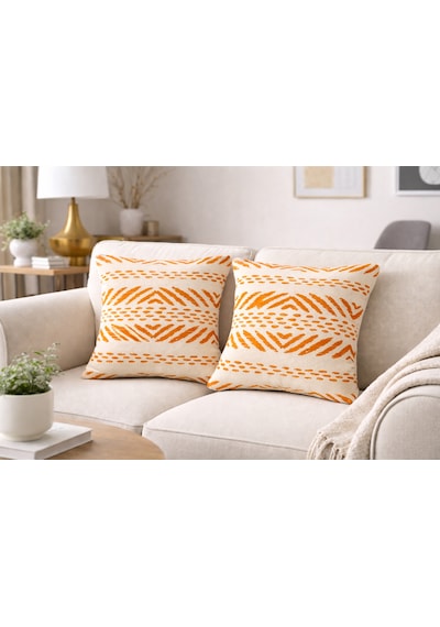 Faralya Life Baskılı Geometrik Desenli 2 Li Kırlent Kılıfı 45x45 Cm Dekoratif Koltuk Yastık Kılıfı Modern Salon Dekoru Açık Pudra Turuncu