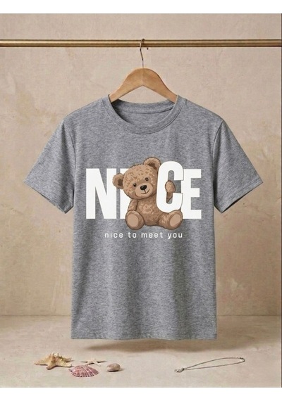 Ayıcık Figürlü Nice To Meet You Yazılı Oversize T-shirt Gri