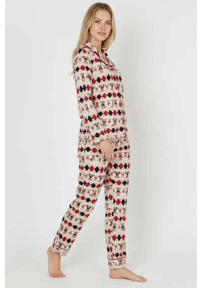 Luxury Soft Ekru Desenli Uzun Kollu Kadın Pijama Takımı 3028 Ekru