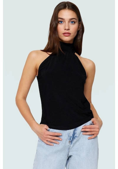 Ersefa Halter Yaka Kolsuz Bluz Polyester Regular Kalıp İş Ve Günlük Şık siyah