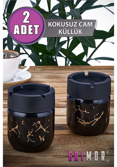 Grimorlife 2 Adet Siyah Bronz Mermer Desenli Dekoratif Cam Kokusuz Küllük Kül Tablası Seti 425 Cc