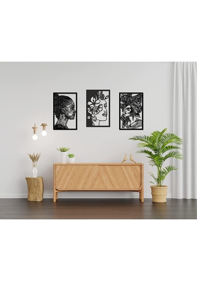 Dekoratif Ev Kadın Yüz Duvar Dekoru 3'Lü Set Mdf Tablo