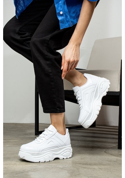 Nstil Günlük Kadın Spor Ayakkabı Yüksek Kalın Taban 6 Cm Suni Deri Sneaker 001 Beyaz - Rugan