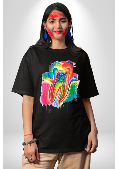 Diş Doktoru Diş Anatomisi Özel Tasarım Pamuklu Bisiklet Yaka Unisex Oversize Boyfriend Dijital Baskılı Siyah T-shirt Siyah
