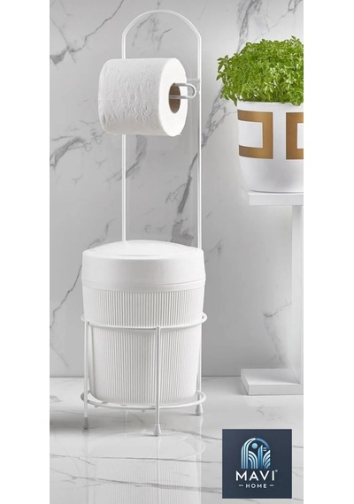 Kovalı Tuvalet Kağıtlığı, Çöp Kovalı Tuvalet Kağıdı Askısı, Banyo Çöp Kovası, Tuvalet Kağıtlık Beyaz