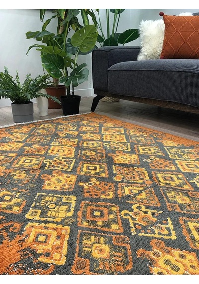 Turuncu Çift Taraflı Modern Vintage Yıkanabilir Antibakteriyel Halı - Yo015btumu