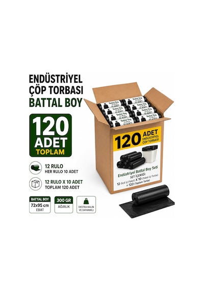 Endüstriyel Battal Boy Çöp Torbası Seti 72x95 Cm Siyah - Koli Içi 120 Adet 12 Rulo X 10 Adet
