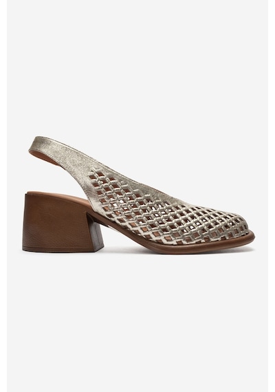 Luvi Shoes Monvera Altın Hakiki Deri Önü Kapalı Lazer Kesim Kalın Topuklu Kadın Sandalet