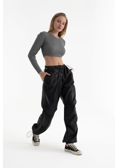 Hiccup Yuvarlak Yakalı Fitilli Örme Uzun Kollu Crop Top Koyu Gri