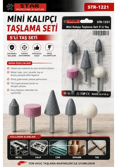 Mini Kalıpçı Taşlama Seti 5'li Taş Seti Metal, Cam, Seramik Ve Taş İçin Hassas Taşlama 6 Mm Sapl