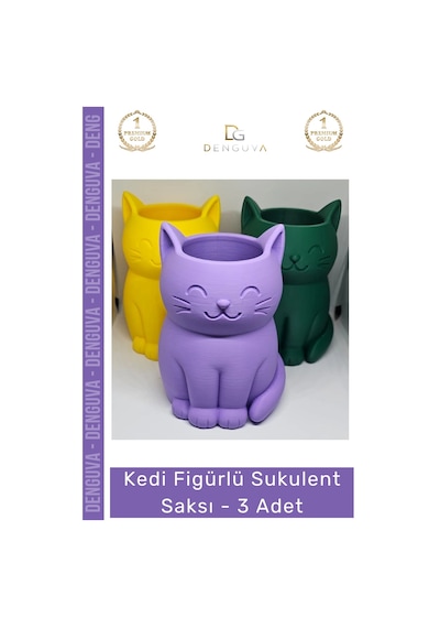 Sukulentsaksısı Dekoratif Renkli 11 Cm Home Ofis 3d Baskı Kedi Figürlü Sukulent Saksı - 3 Adet