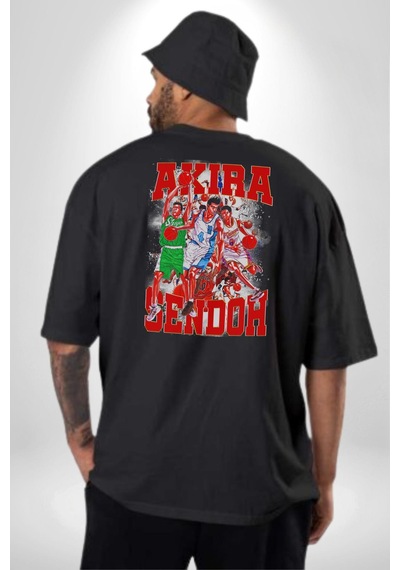 Basketbol Akira Sendoh Anime Slam Dunk Karakter Pamuklu Unisex Oversize Sırt Dijital Baskılı Siyah T-shirt Siyah