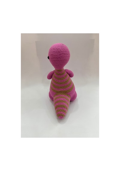 El Yapımı Amigurumi Uzun Boyunlu Dinozor - Çizgili Örgü Oyuncak 24cm Pembe