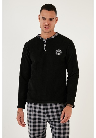 Buratti Ekoseli Regular Fit Düğmeli Bisiklet Yaka Kışlık Polar Erkek Pijama Takımı 60961002 Siyah