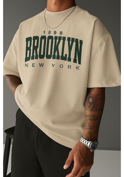 Brooklyn Baskılı Unisex Tshırt 3q2 Bej