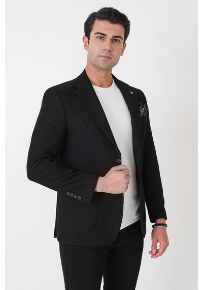 Slim Fit Torba Cepli Fitilli Dokuma Esnek Yünlü Siyah Ceket C 747