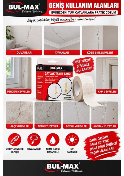 Çatlak Tamir Bandı 38 Mm X 2 Metre Boyanabilir Neme Ve Uv Ye Dayanıklı Duvar Onarım Bandı