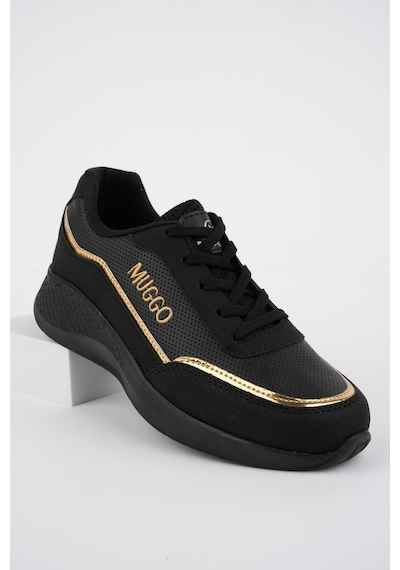 Muggo Happy Garantili Kadın Ortopedik Günlük Bağcıklı Şık Rahat Sneaker Spor Ayakkabı Siyah - Altın