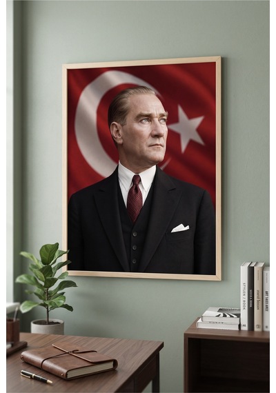 Doğal Ahşap Çerçeveli Atatürk Türk Bayrağı Temalı Duvar Tablosu Tekli Set Klasik Portre Desenli Modern Dekorasyon Kabartma Görünümlüdür Bej - 925628134 Bej