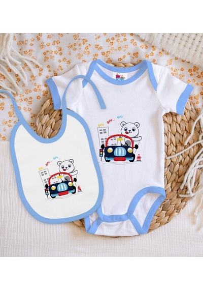 Bk Kids Sevimli Sürücü Tasarımlı Mavi Bebek Body Zıbın Ve Mama Ön Çok Renkli