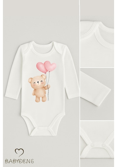 Babyden's 3 Lü Bebek Body Seti %100 Pamuk Uzun Kollu Ayıcık Baskılı Yenidoğan Unisex Bebek Body Beyaz