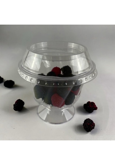 Papatya Ayaklı Kristal Tatlı Kasesi - Mika Plastik Kap - Şeffaf - Kapaklı - 180 Ml/cc - 50 Adet
