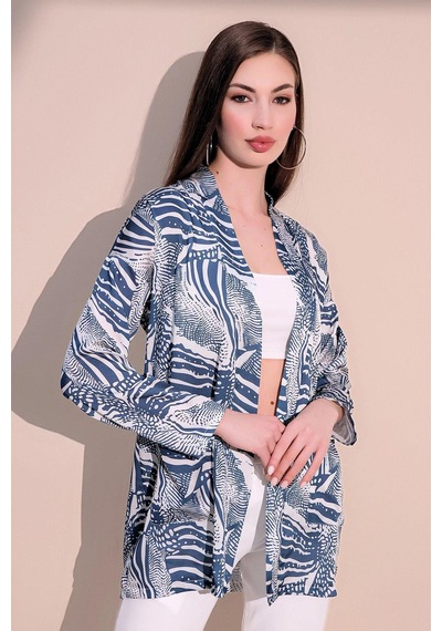 WeShaya Kadın Mavi Safari Desen Yeni Moda Saten Çift Cepli Salaş Kimono Ceket - Tesettüre Uygun Mavi