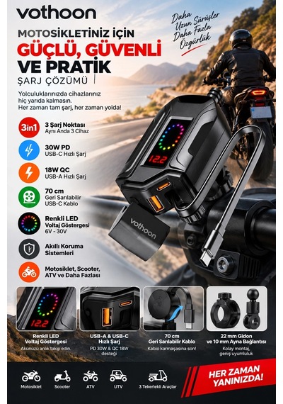 Motosiklet Telefon Tutucu Ayna Ve Gidon Bağlantılı Telefon Şarj Cihazı Geri Sarılabilir Type-c Kablo
