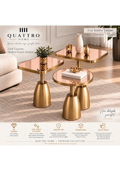 Quattro Home Rose Ayna Gold Metal Ayaklı 3'lü Dekoratif Sehpa Takımı Modern Orta Seti Abanoz Quattro Home Rose Ayna Gold Metal Ayaklı 3'lü Dekoratif Sehpa Takımı Modern Orta Seti Abanoz