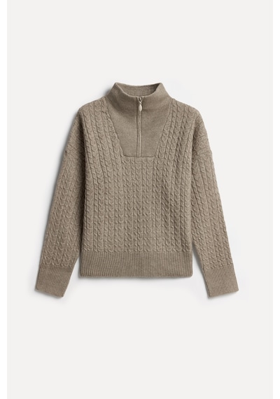Mudo Kadın Kadın Taş Rengi Saç Örgülü Loose Fit Fermuarlı Polo Yaka Kazak 1272933