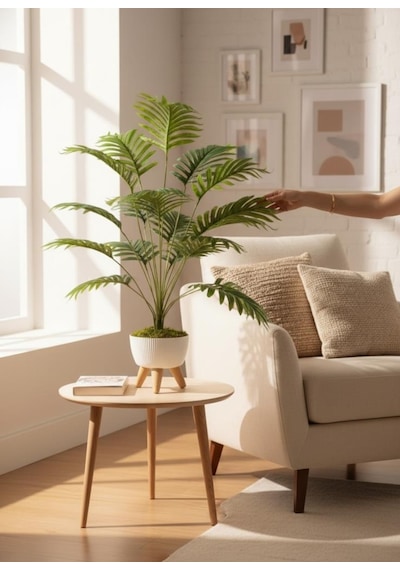 Yapay Çiçek Salon Bitkisi Areka 80cm 18 Yaprak Beyaz Zigon Saksıda Yeşil