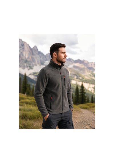 Luxıc Core Erkek Koyu Gri Fermuarlı Polar Dik Yaka, Cepli, Günlük & Outdoor Kullanım