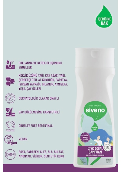 Siveno %100 Doğal Kepeğe Karşı Etkili Şampuan Yağlı Saçlar Çay Ağacı Keklik Üzümü Vegan 300 Ml X 2 Adet Tüm Saç Tipleri