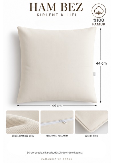 1 Adet Ham Bez Kırlent Kılıfı %100 Pamuk, Fermuarlı 44x44 Cm Dekoratif Yastık Kılıfı Bej-krem