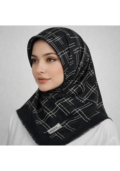 Sinem Emprime Koton Eşarp - Siyah / Beyaz-6292 Siyah- Beyaz