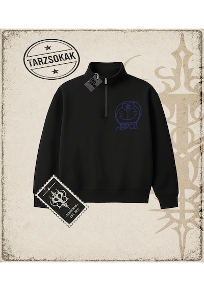 Tarzsokak Gotik & Grunge Streetwear Doraemon Yarım Fermuarlı Sweatshirt Siyah