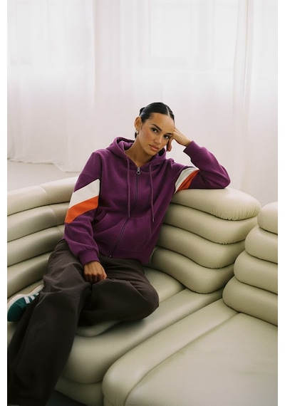 Markapia Kadın Fermuarlı Kapüşonlu Cepli Polar Sweatshirt Mor
