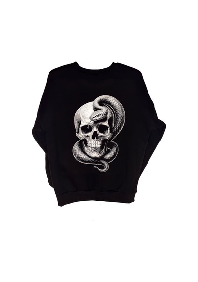 Dark Line Kiss Of The Serpent Sırt Baskılı %100 Pamuk Unisex Siyah Oversize Sweatshirt Siyah