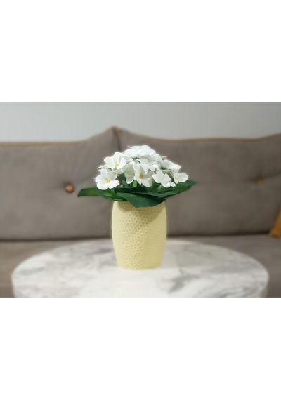 Vazoda Beyaz Yapay Çiçek Dekoratif Sarı Petek Desenli Poliresin Vazo Dahil 8 x 8 x 15 CM