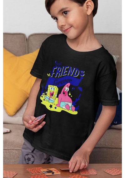 Sevbano Best Friends Forever Yazılı Süngerbob Ve Patrick Baskılı Unisex Ç Siyah