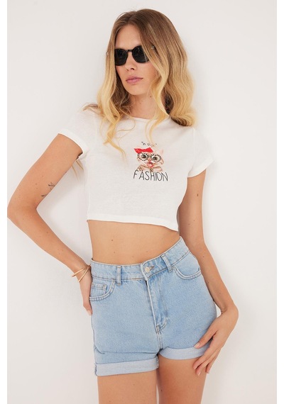 Tudors Kadın Slim Fit Dar Kesim %100 Pamuk Bisiklet Yaka Baskılı Beyaz Crop Tişört-36867 Beyaz